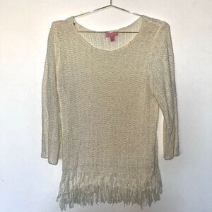 Lilly Pulitzer Cream White Long Sleeve Open Knit Blouse Size L Fringe Boho